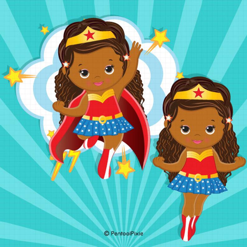 African American Wonder woman baby girl clipart , Superhero baby girl  clipart, Baby girl clipart, Girl superhero.