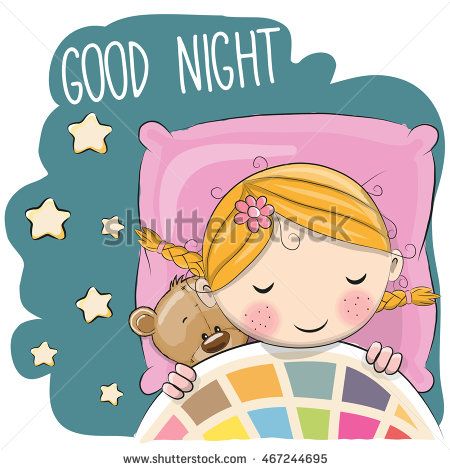 Cute Cartoon Sleeping Girl with teddy bear in a bed.