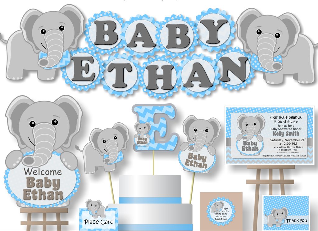 Blue Boy Elephant Baby Shower Decorations.