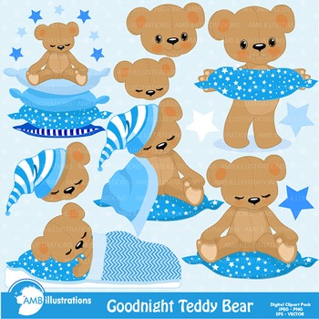 Clipart, Teddy Bear Clip Art in Baby Blue, Nursery, Slumber Party, AMB.