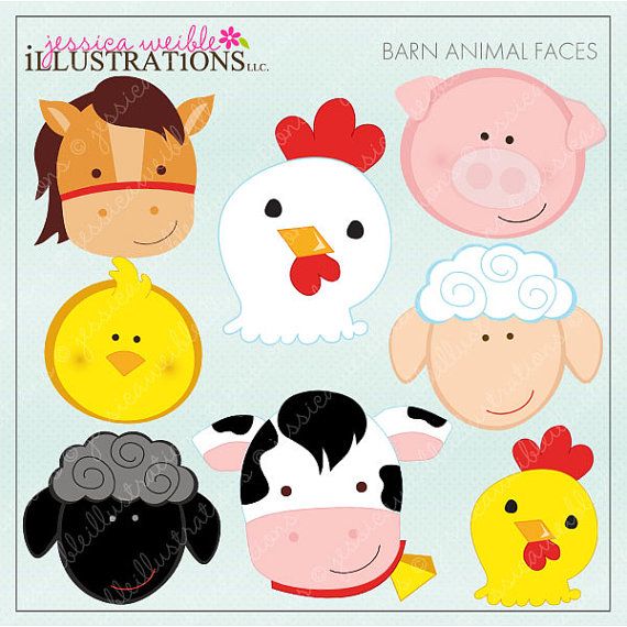 Barn Animal Faces Cute Digital Clipart.