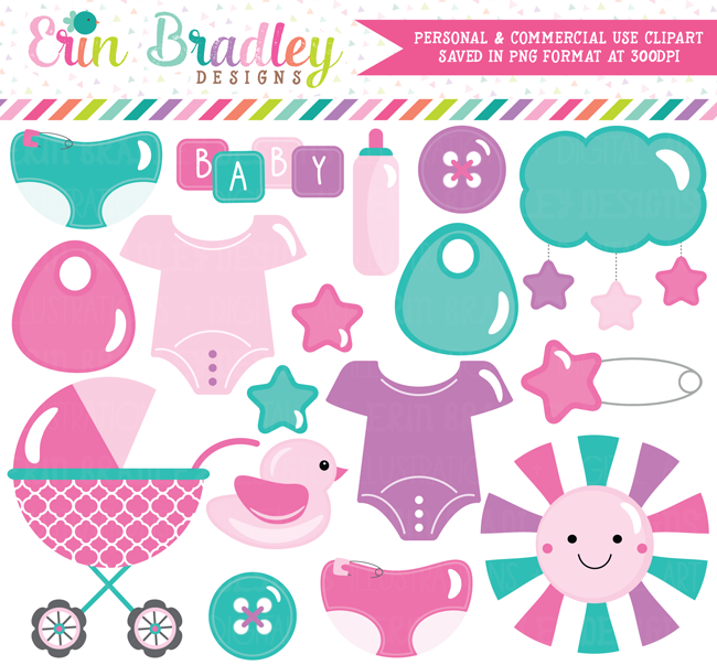 Baby Girl Clipart in Pink Purple and Blue.