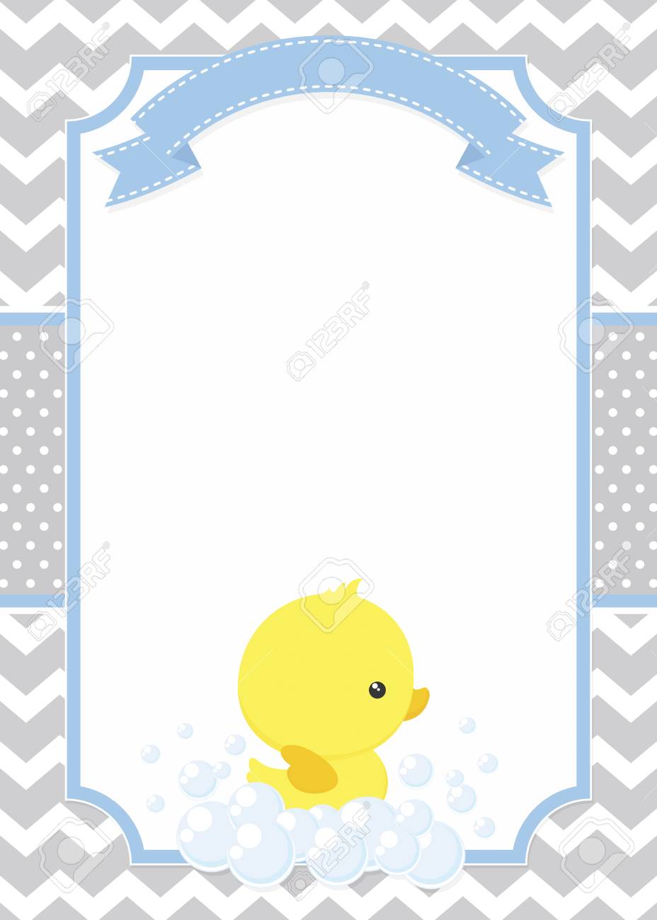 Cute baby shower card with little baby rubber duck on chevron...