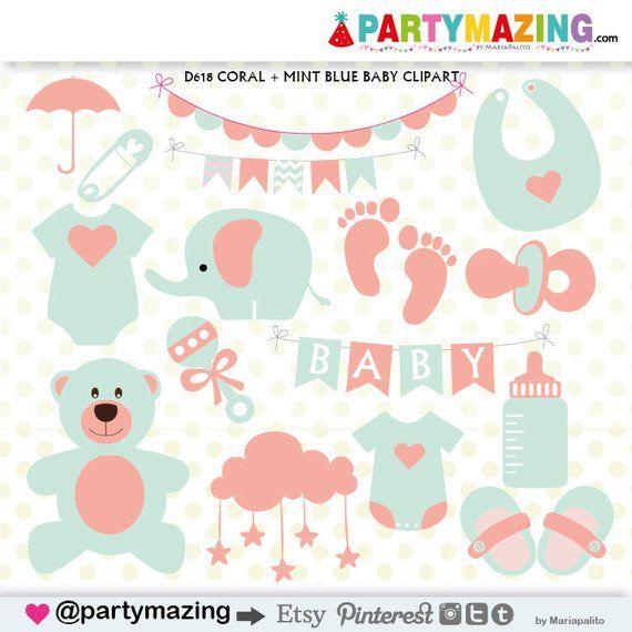 Baby Stuff Clipart, Baby Shower Clipart, Coral and Mint, Teddy Bear.