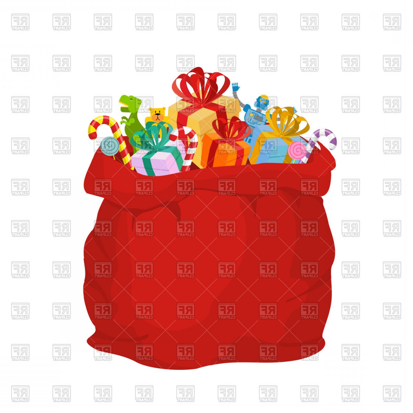 Big Red Christmas Bag With Gifts Vector Clipart.