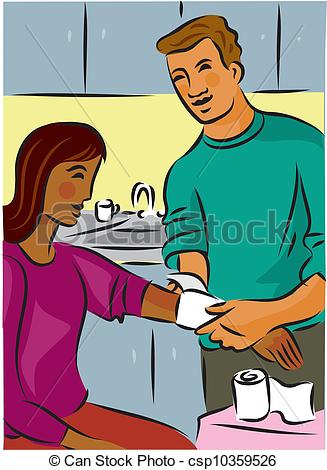 Clip Art of Man bandaging a woman's injured arm with gauze.