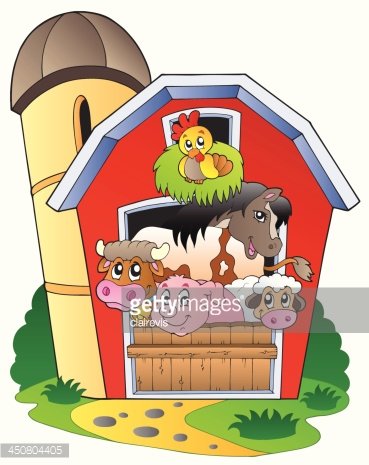 Barn with various farm animals Clipart Image.