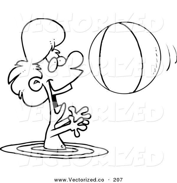 Vector of a Coloring Page Outline of a Boy Playing with a Beach.