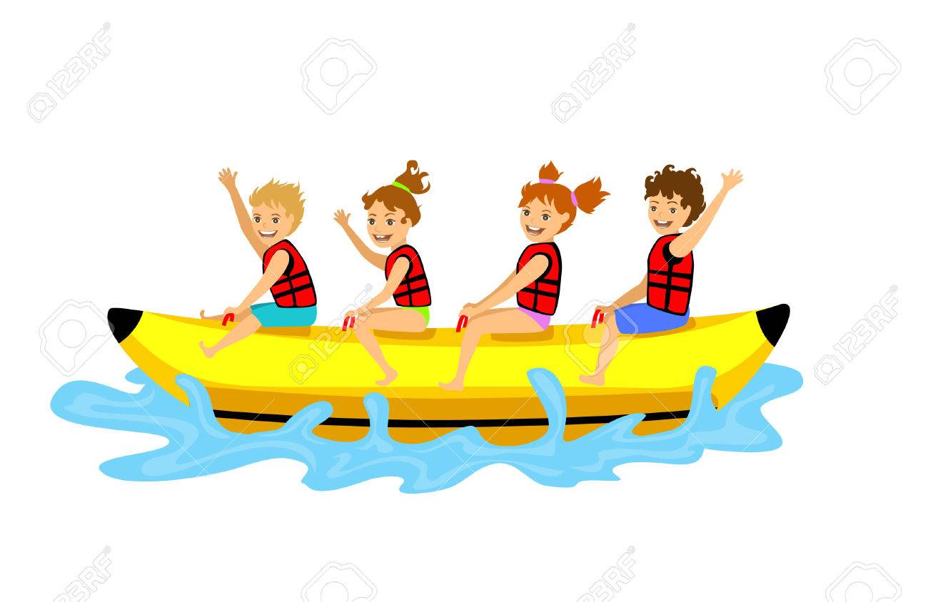 kids children riding banana boat. summer beach time fun activities.