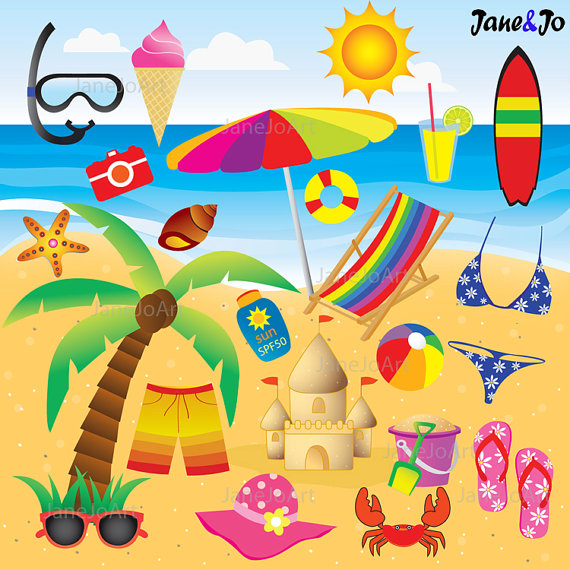 22 Beach Clipart + FREE 12 Digital Papers , Summer clipart.