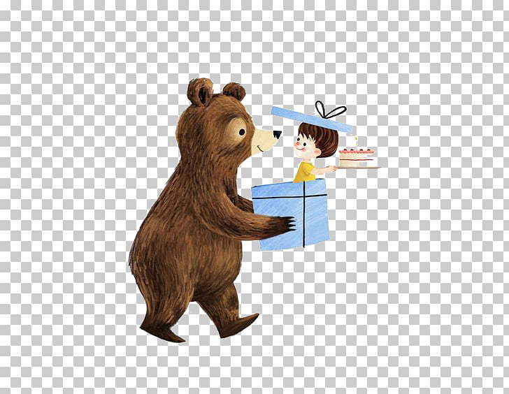 Illustrator Illustration, Bear holding gift box PNG clipart.