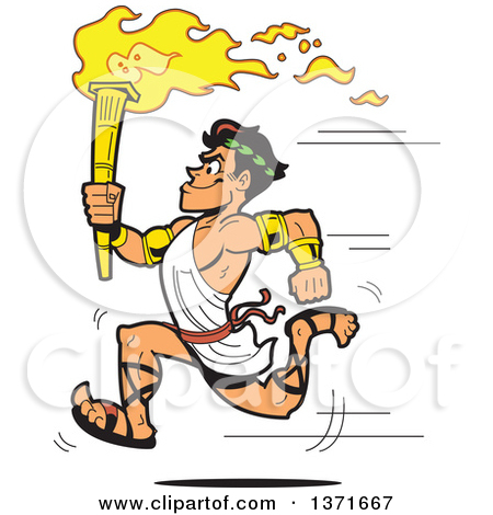 Clipart Of A Muscular Olympic Greek Torch Bearer Man Running in a.