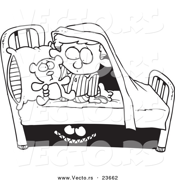 Vector of a Cartoon Monster Scaring a Boy Under a Bed.