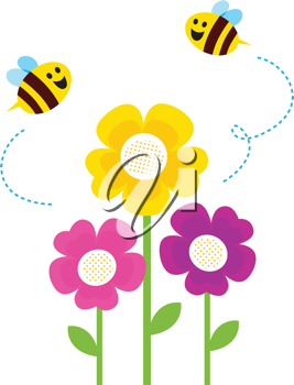 Royalty Free Clipart Image of Bees and Flowers.