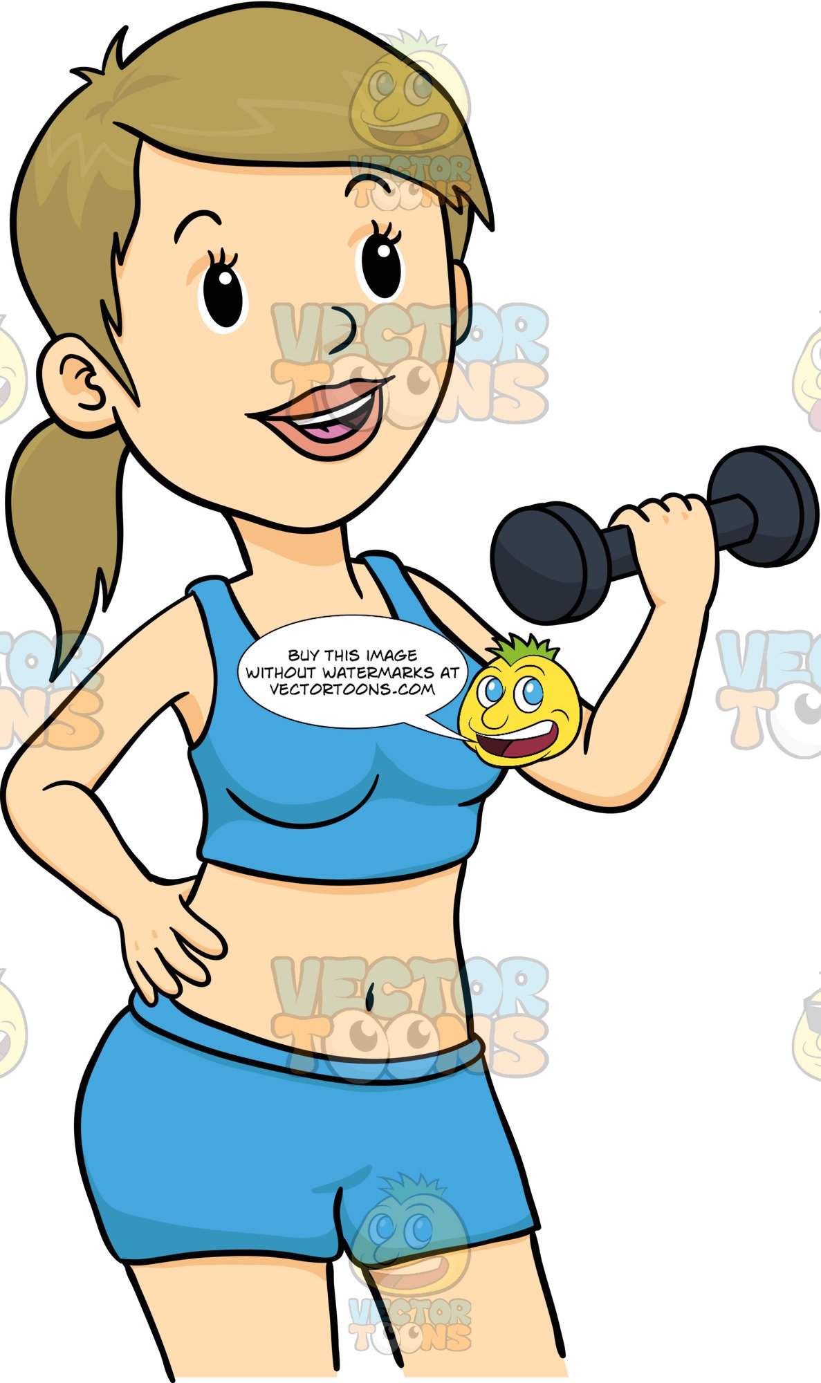 Woman In Blue Shorts And Sports Bra Doing A Bicep Curl With Her Left Arm.