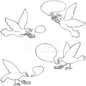 Birds Texting on cell phones Clipart Image.