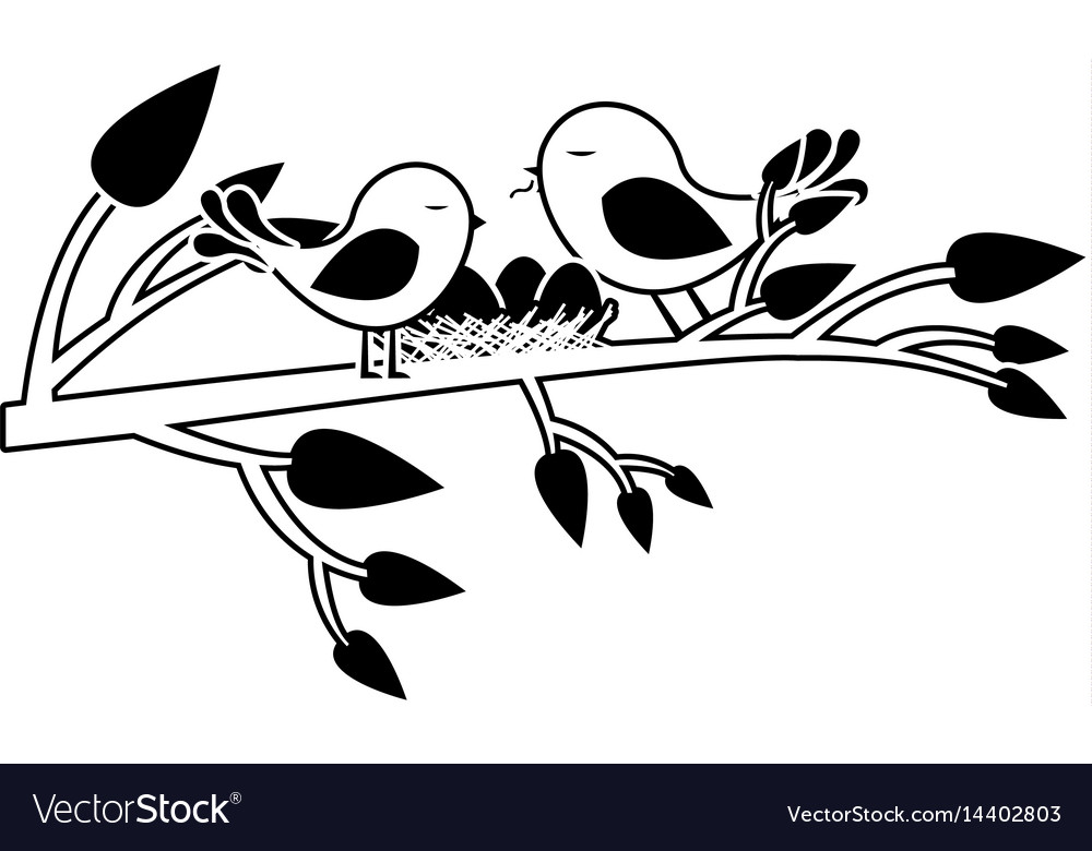 Black silhouette of birds and nest in tree branch.