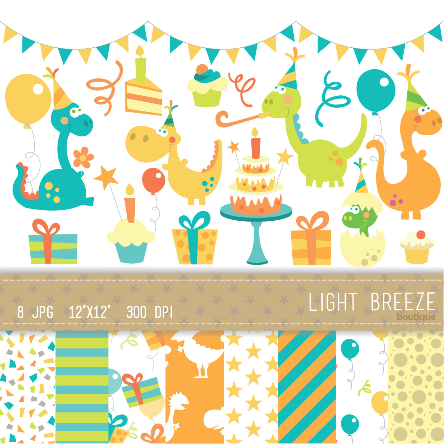 Birthday Dinosaur Clipart Vector & Digital Scrapbooking.