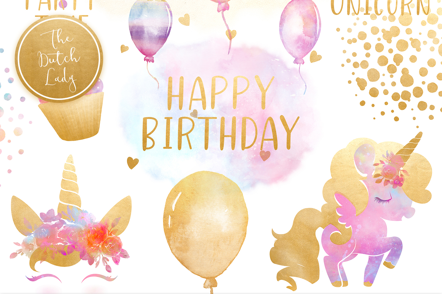 Unicorn Birthday Party Clipart Set.