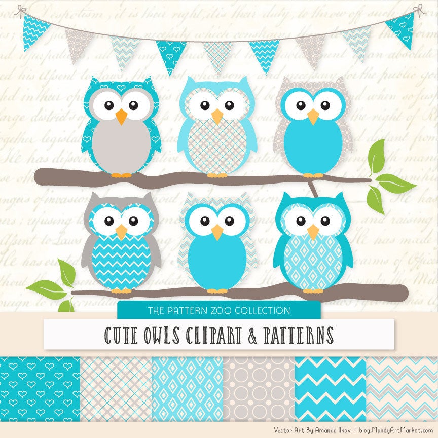 Patterned Tropical Blue Owls Clipart and Digital Papers.