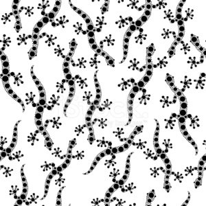 Black gecko lizard on white aboriginal seamless pattern.