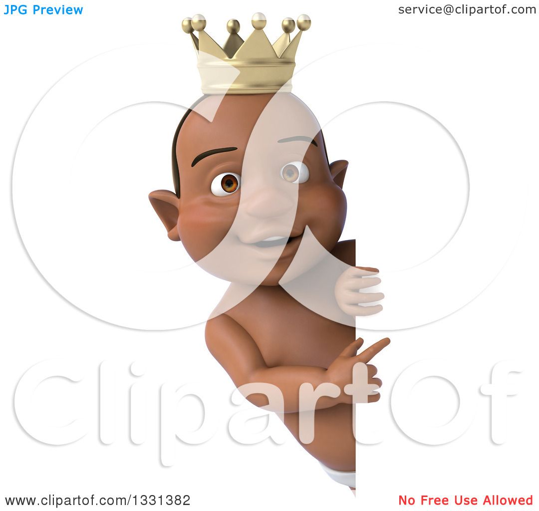 Clipart of a 3d Black Baby Boy Wearing a Crown and Pointing Around a.