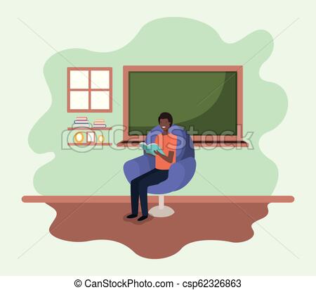 classroom with black teacher reading book in the sofa.