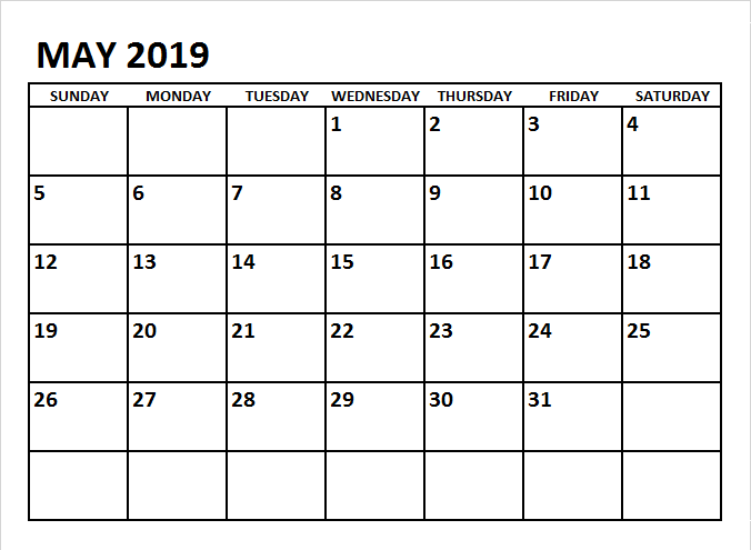 Free Printable May 2019 Calendar Cute Template.