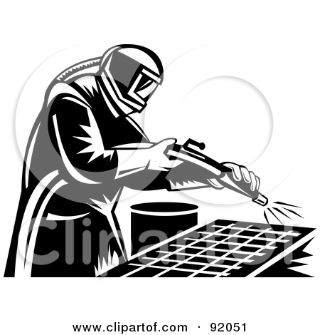 Clipart Of A Retro Black And White Sand Blaster Man Holding A Hose.