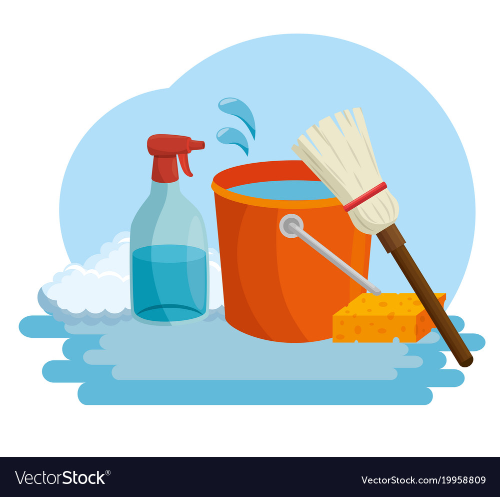 Cleaning supplies with bucket sponge and spray.