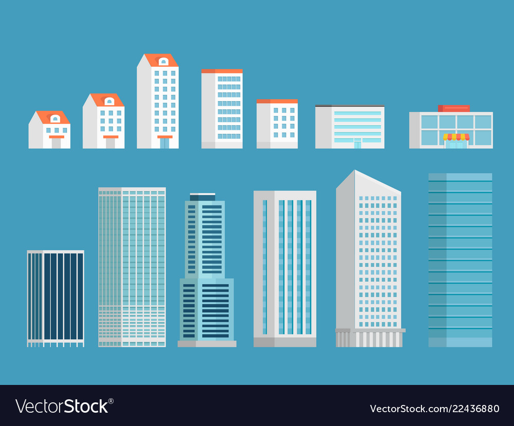 Modern city buildings clipart isometric buildings.