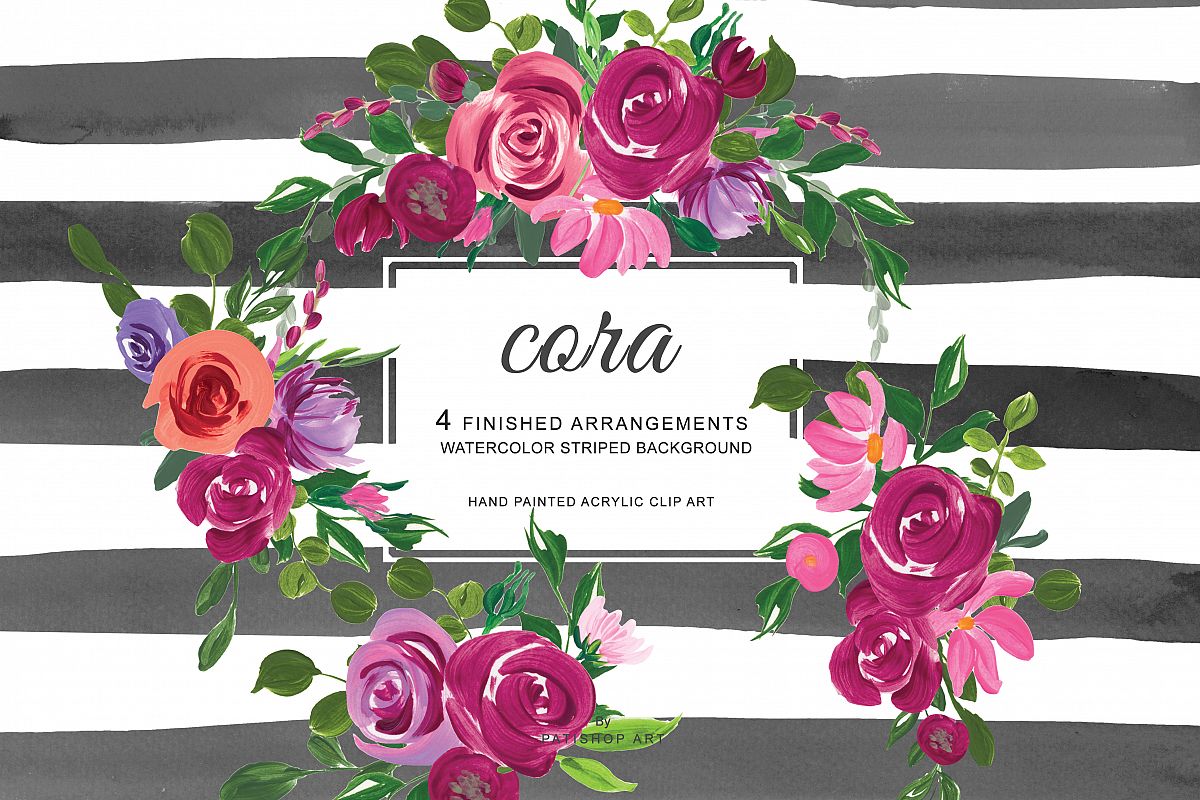 Hand Painted Acrylic Pink and Burgundy Flowers Arrangements Clipart  Watercolor Striped Background.