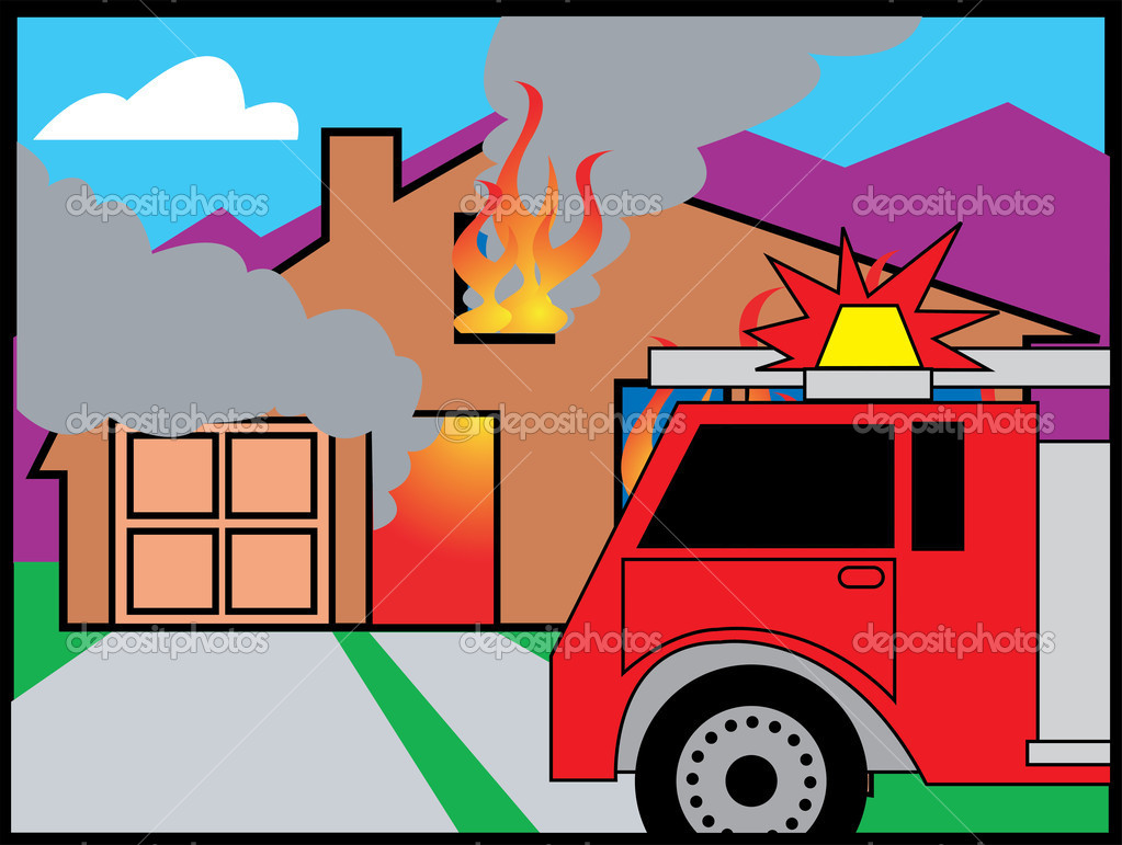 Fire Truck In Front Of A Burning House — Stock Vector © ClipArtGuy.