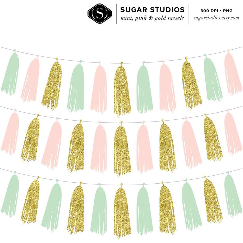 Mint, Pink and Gold Tassel Garland Digital Clip Art.