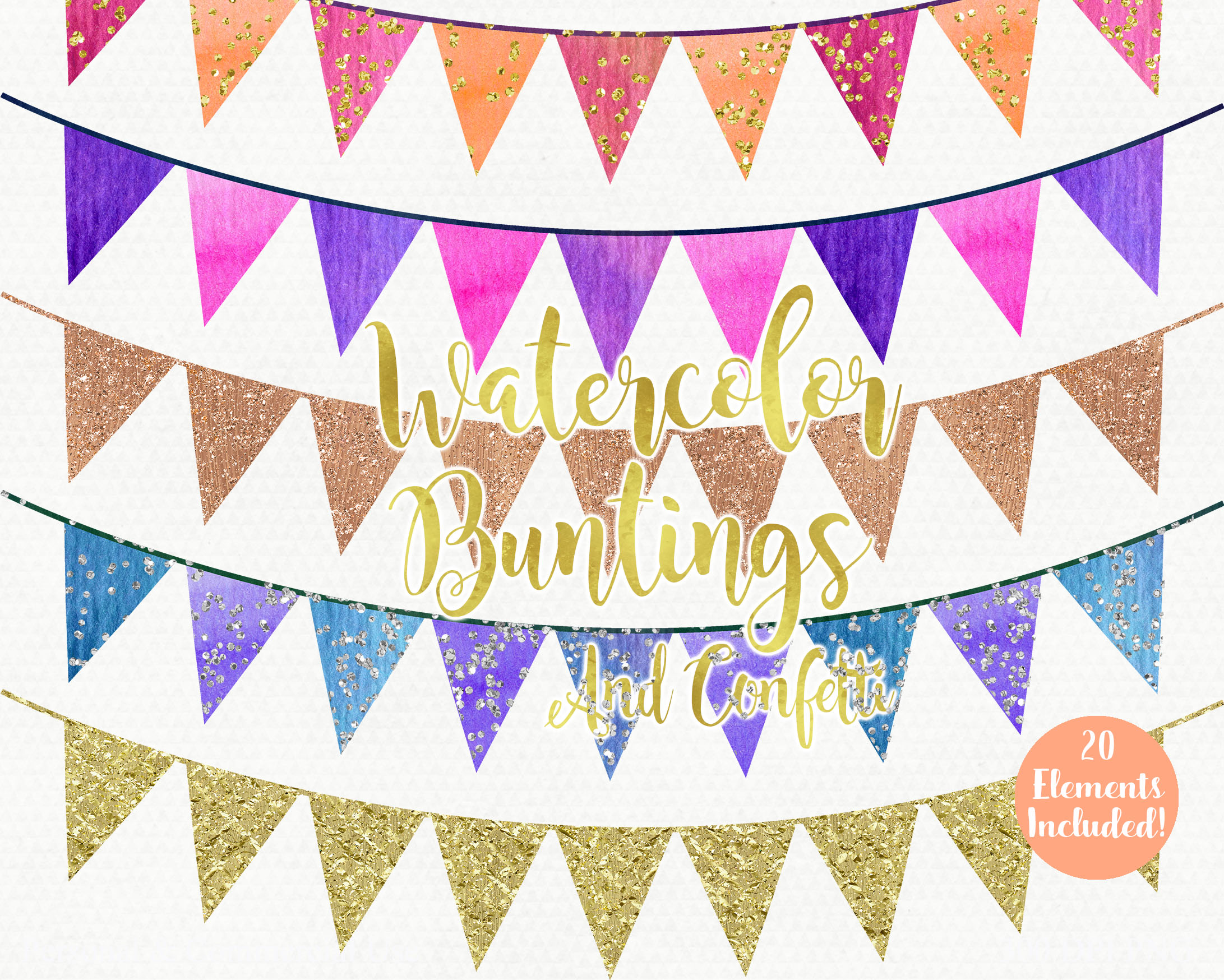 GOLD BUNTING BANNER Clipart Rainbow Watercolor Pennant Flag Banners & Gold  Glitter Confetti Birthday Party Graphics.