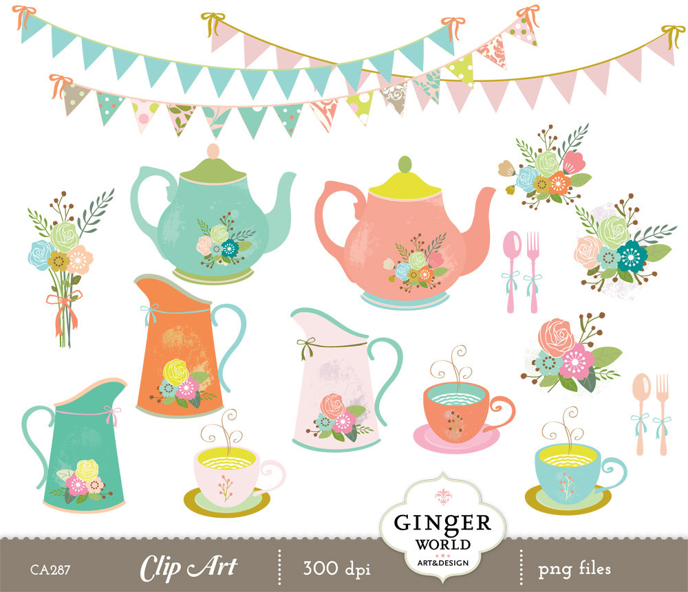 Teapot clipart, tea cup, rustic garden flowers, shabby chic vase.