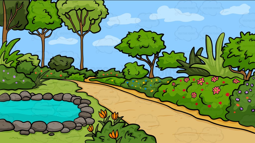 A country garden with pond background vector clip art cartoon.