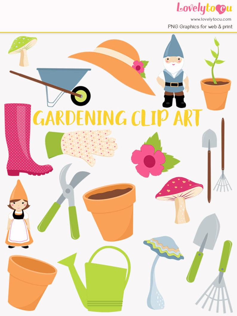 Gardening clipart, garden tools, gnomes, clay plant pots, wheelbarrow,  spring garden clip art (LC33).