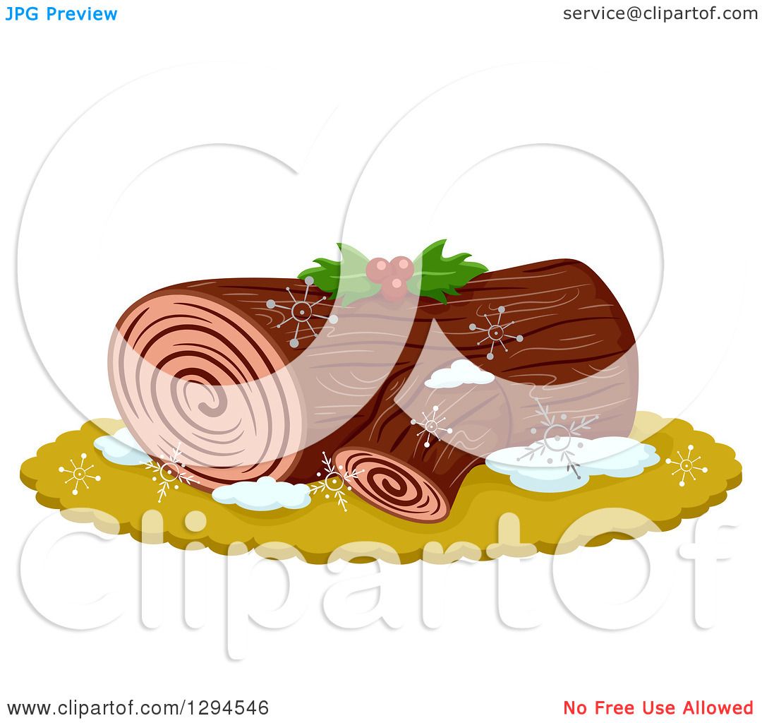 Clipart of a Yule Log Dessert Garnished with Holly.