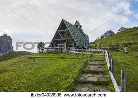 Stock Images of "Small wooden chapel, Giau Pass, Dolomite, Veneto.