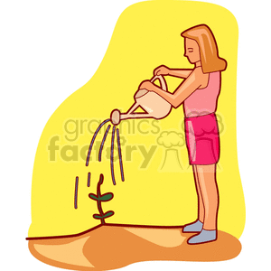 girl watering a plant clipart. Royalty.