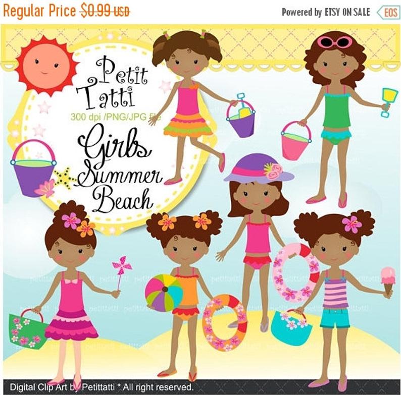 ON SALE Girl Beach Clipart _ Beach Clip Art. Summer Clip Art,African  American Girls Clip Art,Summer Beach Girls,Summer Clipart,Sun Sea Sand,.