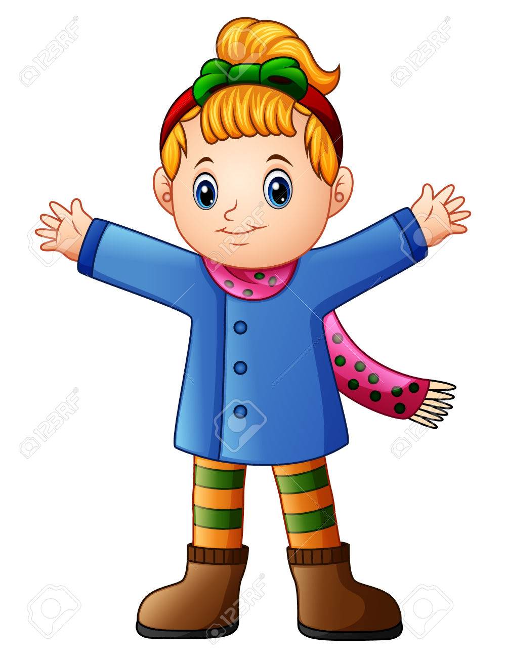 Vector illustration of Cute girl wearing winter clothes waving.