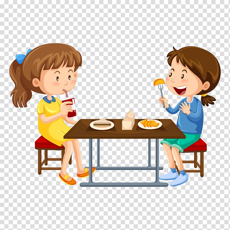 Two girl eating illustration, Cafeteria , eat breakfast.