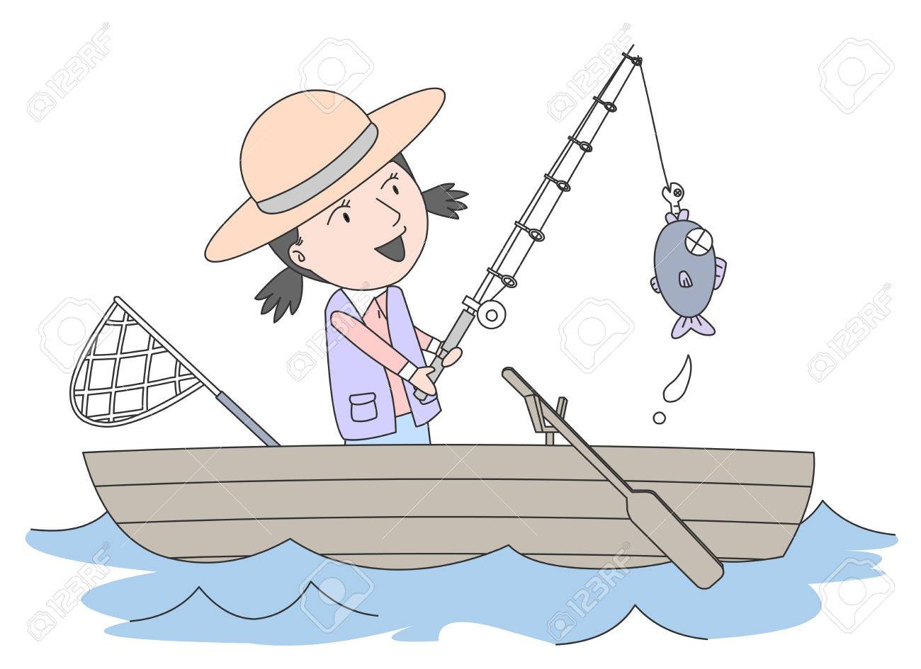 Girl fishing on her boat.