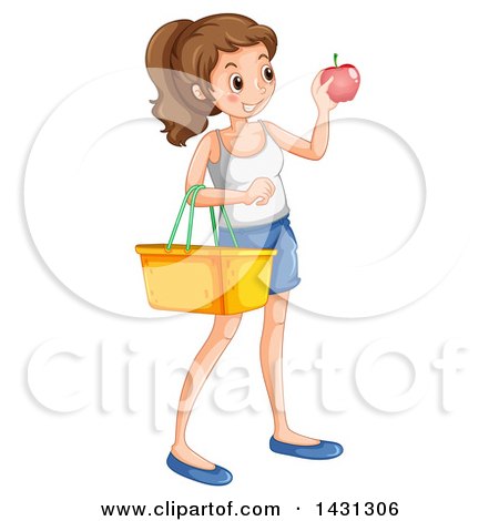 Clipart of a Caucasian Woman Holding an Apple and Picnic Basket.