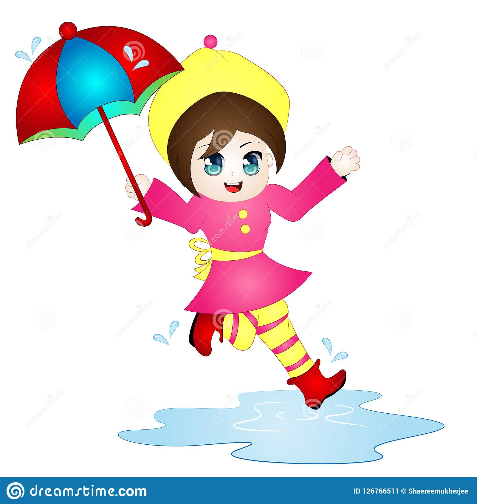 Vector Cartoon Girl Jumping In Puddle Stock Vector.