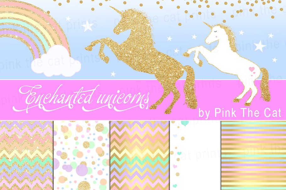 Unicorn Clipart Rainbow Glitter Gold.