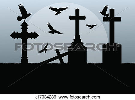 Clip Art of Halloween spooky graveyard, cemetery vintage.