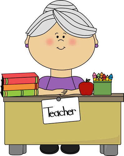 Teacher with Gray Hair Sitting at a Desk Clip Art.